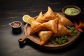 Chopped samosa, popular Indian street food, presented on a board