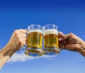 Chopped shot of a pair of arms that are raising their beer mugs to toast with a blue sky in the background Royalty Free Stock Photo