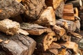 Chopped stacked firewood close up, soft focus