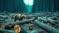 Chopped Trees and Fallen Trunks in Forest with Bear Royalty Free Stock Photo