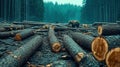 Chopped Trees and Fallen Trunks in Forest with Bear Royalty Free Stock Photo