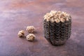 Chopped walnut in a vintage iron baking dish, pyramid of forms, whole walnut kernels are vaguely visible nearby. Royalty Free Stock Photo
