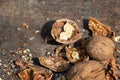 Chopped walnut on a wooden chopping board