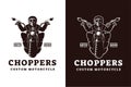 Chopper biker with skeleton skull rider and custom motorcycle logo vector illustration