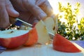 Chopping an apple with a hand with knife on a wooden board on a blue table on a background of trees at sunset