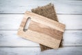 Chopping board and tablecloth on white table , recipes food for healthy habits shot note background concept Royalty Free Stock Photo