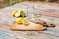 Chopping cutting board with sliced lemon, jar, mint leaves, knife and straw on wooden table. Cocktail preparation Royalty Free Stock Photo