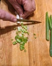 Chopping Green Onions with a Knife on a Wooden Butcher Block Royalty Free Stock Photo