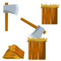 Chopping. Logger axe and log. Timber harvesting. Fuel wood. Lumberjack and woodcutter element. Set of tool