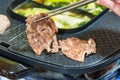 Chopstick holding raw wagyu beef Grill on the electric grill