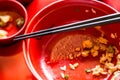 Chopstick over finished rice bowl Royalty Free Stock Photo
