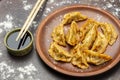 Chopsticks on bowl with soy sauce. Gyoza dumplings on ceramic plate on rusty tray sprinkled with flour Royalty Free Stock Photo