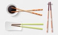 Chopsticks. Colorful wooden sushi sticks, plate with soy sauce. Asian food utensils isolated on transparent background Royalty Free Stock Photo