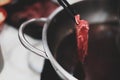 Chopsticks with fresh beef and ingredients background for Japanese shabu-shabu