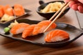 Salmon nigiri sushi plate Royalty Free Stock Photo