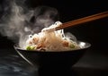 Chopsticks holding noodles in bowl with steam on dark background.Macro.AI Generative