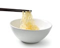 Chopsticks holding noodles isolated on white