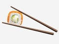 Chopsticks holding sushi roll isolated on white Royalty Free Stock Photo