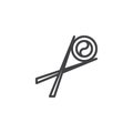 Chopsticks holding sushi roll outline icon