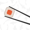 Chopsticks holding sushi roll.