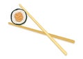 Chopsticks holding sushi rolls. Seafood sushi vector flat design isolated on white background Royalty Free Stock Photo