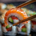 Chopsticks Holding Sushi, Salmon Susi Closeup, Sushi Roll Macro, blurred background, copy space