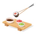 Chopsticks holding tekkamaki sushi roll under wooden japanese geta tray.