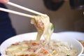 Chopsticks holding wonton noodle.
