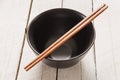 Chopsticks lying across an empty bowl that is sitting on a plate Royalty Free Stock Photo