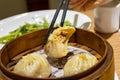 Chopsticks pick up Chinese soup dumplings