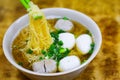 Chopsticks Pick Up Hong Kong Fish Ball Noodle with Scallions on Top