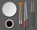 Chopsticks plates. Realistic table setting top view, Traditional japanese or chinese cuisine, wooden cutlery, plate and Royalty Free Stock Photo