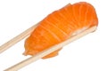 Chopsticks with salmon sushi