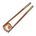 Chopsticks with sushi roll. Vintage color vector engraving isolated Royalty Free Stock Photo