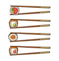 Chopsticks with sushi roll. Vintage color vector engraving isolated Royalty Free Stock Photo