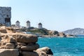 Chora village  Windmills  - Mykonos Cyclades island - Aegean sea - Greece Royalty Free Stock Photo