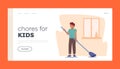 Chores for Kids Landing Page Template. Boy Sweeping Floor with Broom. Child Character Doing Domestic Work, Clean Floor