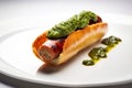 Choripan, grilled chorizo sausage served in a bread roll with green chimichurri sauce, AI generative