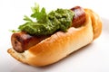 Choripan, grilled chorizo sausage served in a bread roll with green chimichurri sauce, AI generative