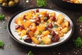 Chorizo potato hash breakfast with eggs and feta cheese Royalty Free Stock Photo