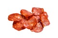 Chorizo sausage thin cut. Spanish salami with spices, paprika, pepper. Spicy food. Isolated on white background. Royalty Free Stock Photo