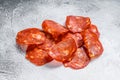 Chorizo sausage thin cut. Spanish salami with spices, paprika, pepper. Spicy food. White background. Top view Royalty Free Stock Photo