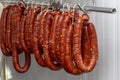 Chorizos cured and hung in strings