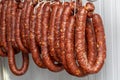 Chorizos cured and hung in strings