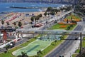 chorrillos peru-aerial view of the beach-agua dulce pier plaza with pedestrian bridge fountain water in pacific ocean