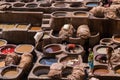 Chouara Tannery in Morocco, with round stone vessels for dyeing and softening leather in Fez el Bali Royalty Free Stock Photo