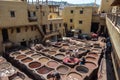 Chouwara Leather traditional tannery in ancient medina of Fes El Bali, Morocco, Africa. Royalty Free Stock Photo