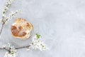 Choux Bun with whipped cream and sugar powder on top. Choux pastry dessert. French cream puff Royalty Free Stock Photo