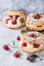 Choux cake Paris Brest with raspberries Royalty Free Stock Photo