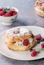 Choux cake Paris Brest with raspberries Royalty Free Stock Photo